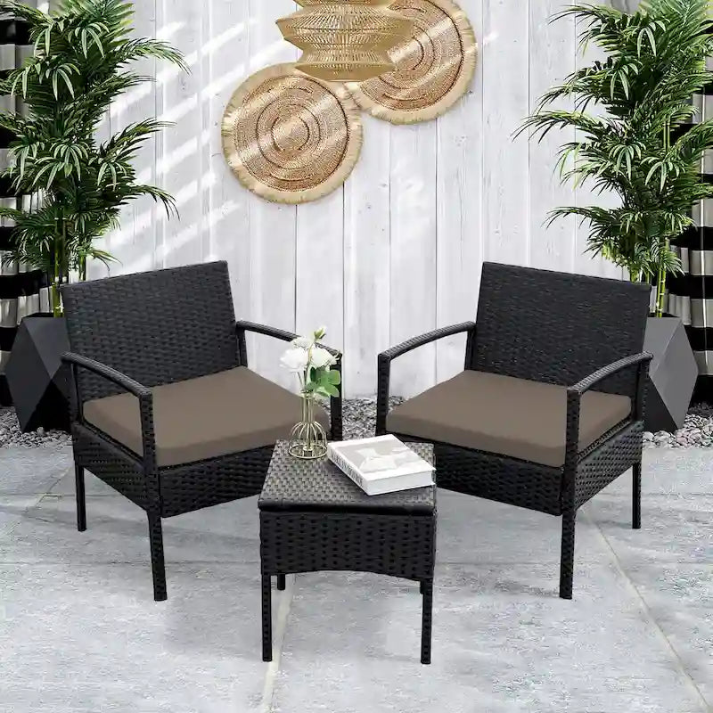 3 PCS Outdoor Patio Bistro, Rattan Conversation Chairs Set, Balcony Furniture Set - 28 H x 23.3 W x 23.3 D