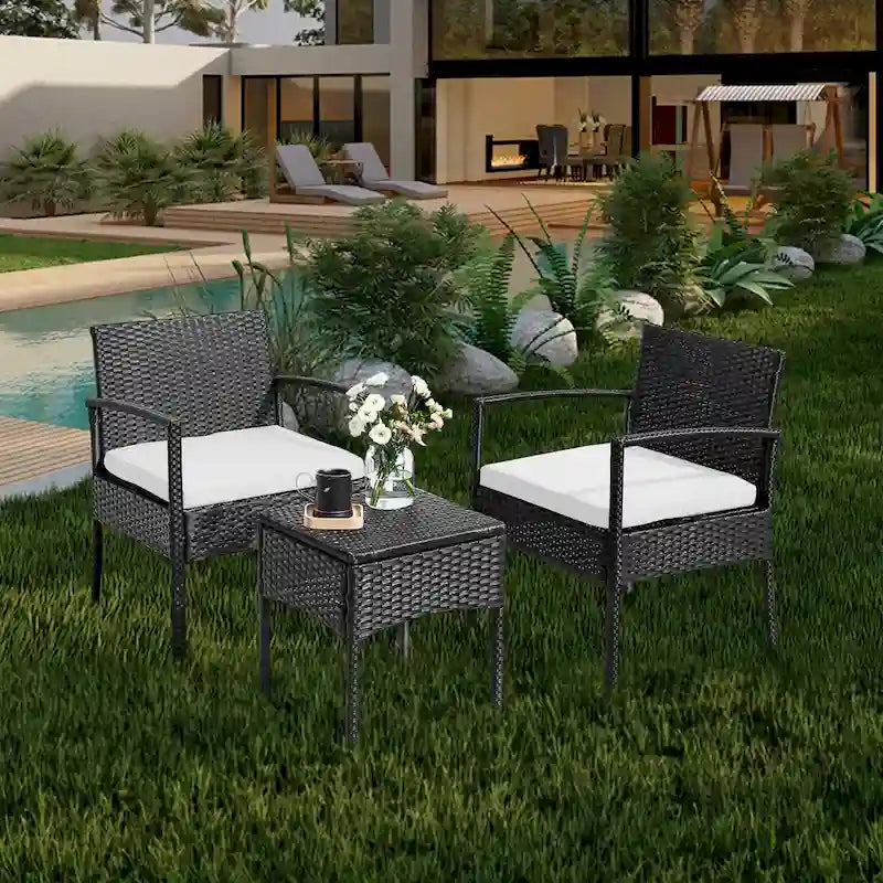 3 PCS Outdoor Patio Bistro, Rattan Conversation Chairs Set, Balcony Furniture Set - 28 H x 23.3 W x 23.3 D