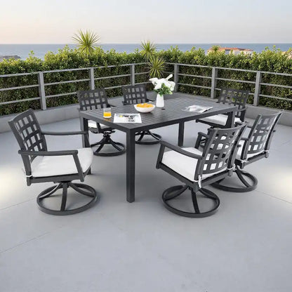 7-Piece Outdoor Patio Aluminum Dining Set with 67  Rectangular Table, 6 Swivel Rocker Chairs, and Umbrella Hole