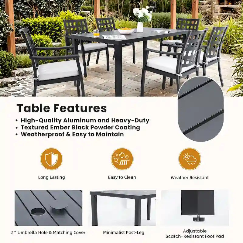 7-Piece Outdoor Patio Aluminum Dining Set with 67  Rectangular Table, 6 Swivel Rocker Chairs, and Umbrella Hole