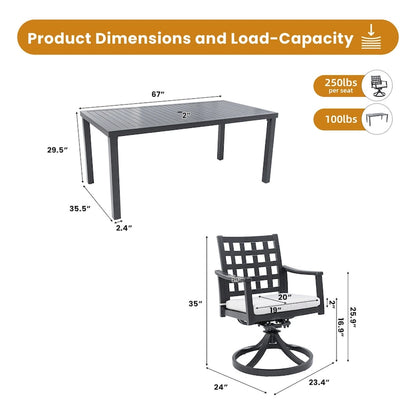 7-Piece Outdoor Patio Aluminum Dining Set with 67  Rectangular Table, 6 Swivel Rocker Chairs, and Umbrella Hole
