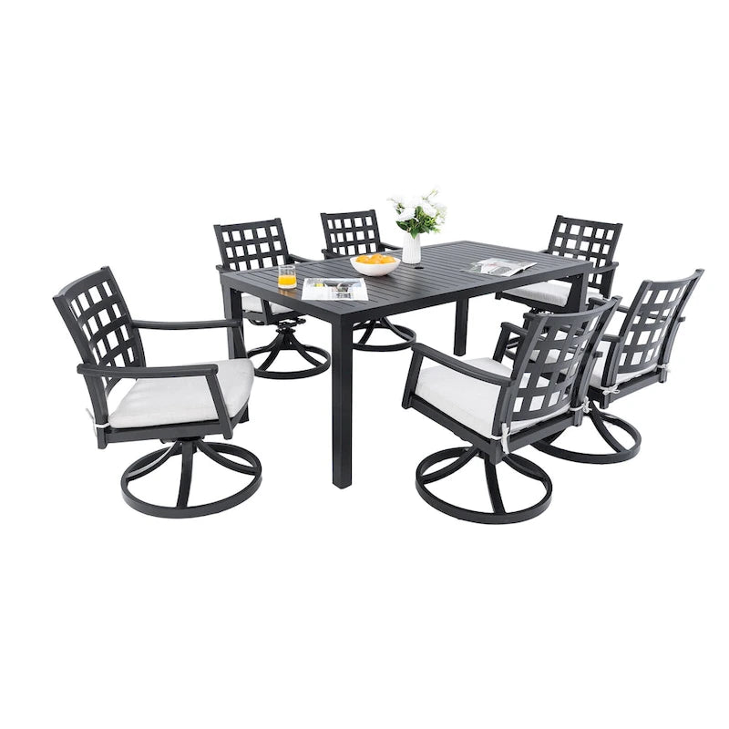 7-Piece Outdoor Patio Aluminum Dining Set with 67  Rectangular Table, 6 Swivel Rocker Chairs, and Umbrella Hole