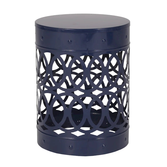 Kemo Outdoor End Table, Round 14 Inch, Cutout Design, Navy Blue Iron