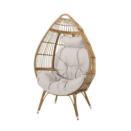 Outdoor Accent Chair, Teardrop Cocoon w Beige Pillow, Brown PE Rattan