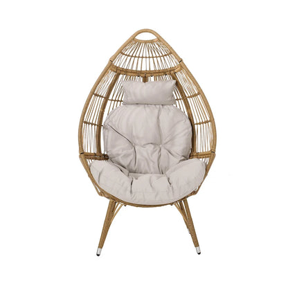 Outdoor Accent Chair, Teardrop Cocoon w Beige Pillow, Brown PE Rattan