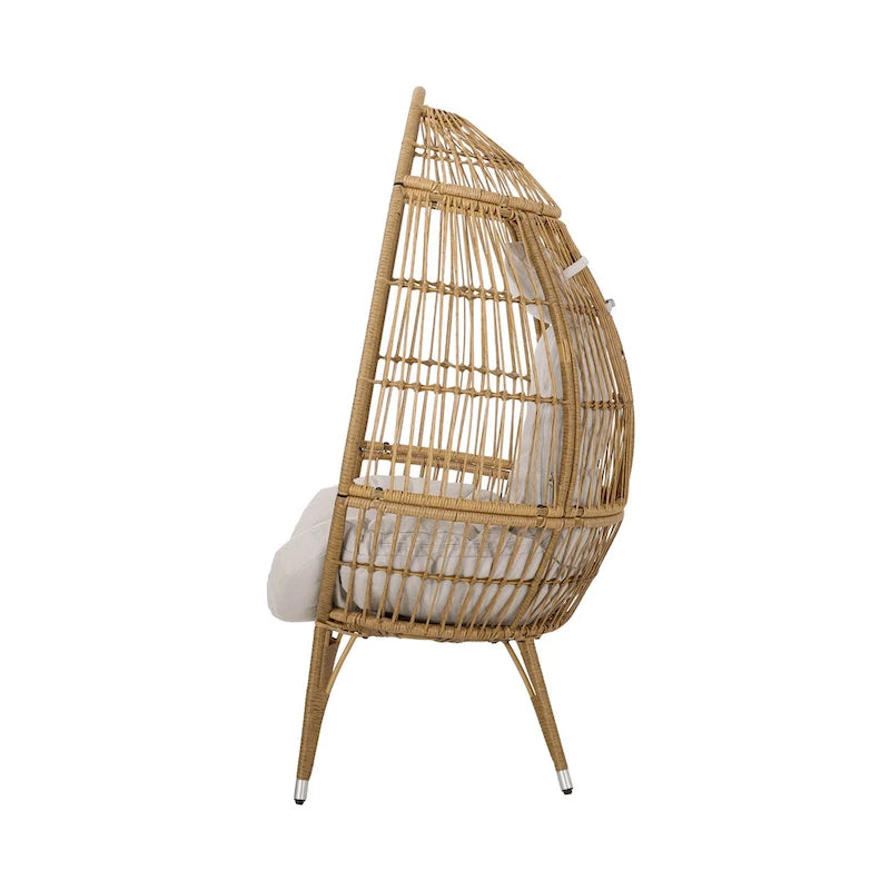 Outdoor Accent Chair, Teardrop Cocoon w Beige Pillow, Brown PE Rattan