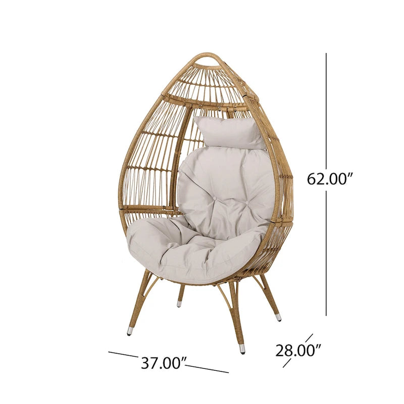 Outdoor Accent Chair, Teardrop Cocoon w Beige Pillow, Brown PE Rattan