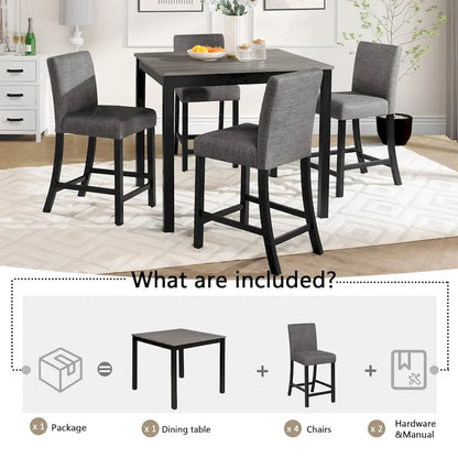 5 Piece Counter Height Table Set, Wooden Kitchen Table and Chairs Set with Square Table and 4 Upholstered Chairs