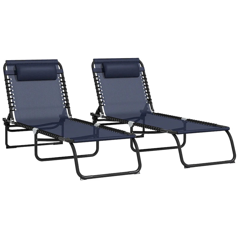 Outsunny Folding Chaise Lounge Pool Chair Set of 2, Patio Sun Tanning Chair with Reclining Back, Pillow, Breathable Mesh