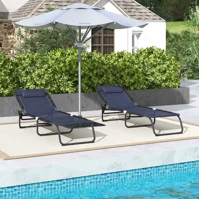 Outsunny Folding Chaise Lounge Pool Chair Set of 2, Patio Sun Tanning Chair with Reclining Back, Pillow, Breathable Mesh