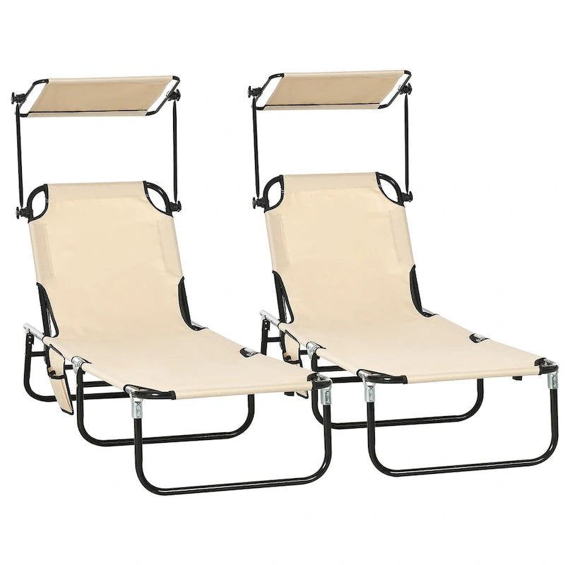 Outdoor Folding Chaise Lounge Pool Chairs with Canopy Shade, Reclining Back, Steel Frame and Side Pocket for Beach, Yard, Patio