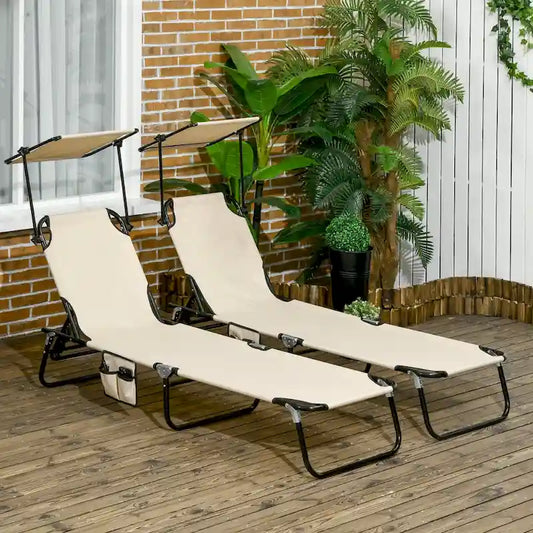 Outdoor Folding Chaise Lounge Pool Chairs with Canopy Shade, Reclining Back, Steel Frame and Side Pocket for Beach, Yard, Patio