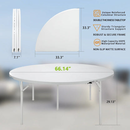 Round Plastic Folding Table with Carrying Handle, 66  Heavy Duty Foldable Round Table Indoor Outdoor, 5 Legs Portable