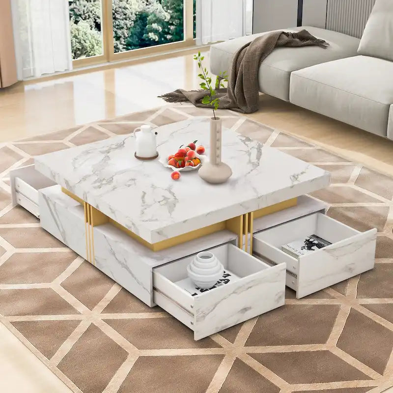 Coffee Tables With 4 Storage Drawers Modern Square Design Cocktail Table For Living Room Office Bedroom