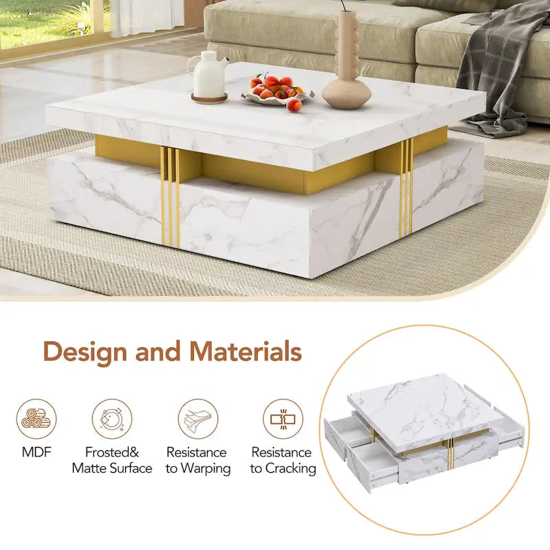 Coffee Tables With 4 Storage Drawers Modern Square Design Cocktail Table For Living Room Office Bedroom