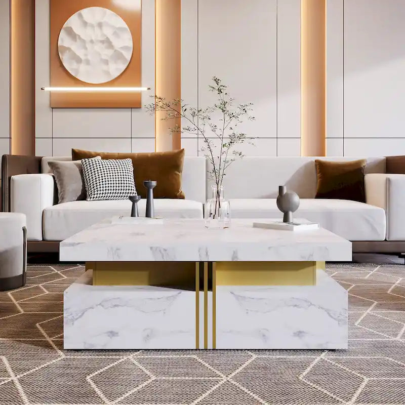 Coffee Tables With 4 Storage Drawers Modern Square Design Cocktail Table For Living Room Office Bedroom