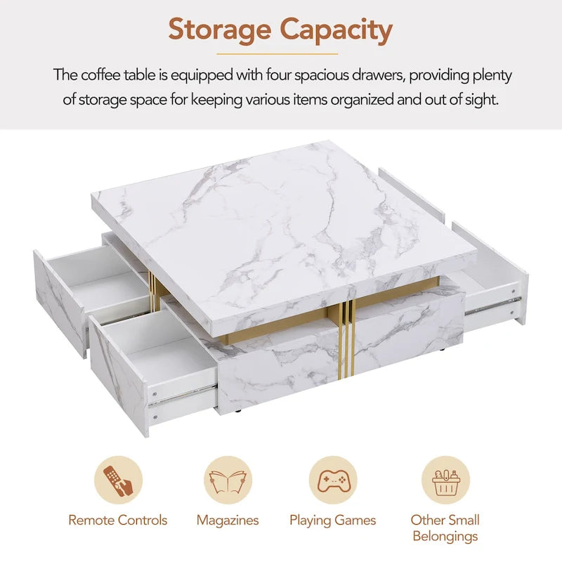 Coffee Tables With 4 Storage Drawers Modern Square Design Cocktail Table For Living Room Office Bedroom