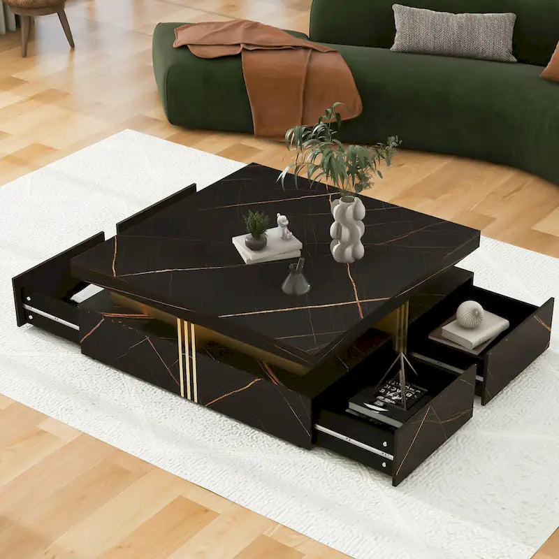 Coffee Tables With 4 Storage Drawers Modern Square Design Cocktail Table For Living Room Office Bedroom