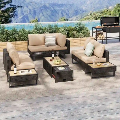 6-Piece Diamond Weave Patio Sectional Furniture Set with Extendable Coffee Table with Ice Bucket