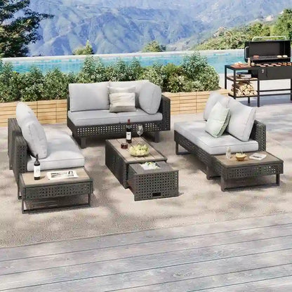 6-Piece Diamond Weave Patio Sectional Furniture Set with Extendable Coffee Table with Ice Bucket