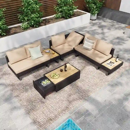 6-Piece Diamond Weave Patio Sectional Furniture Set with Extendable Coffee Table with Ice Bucket