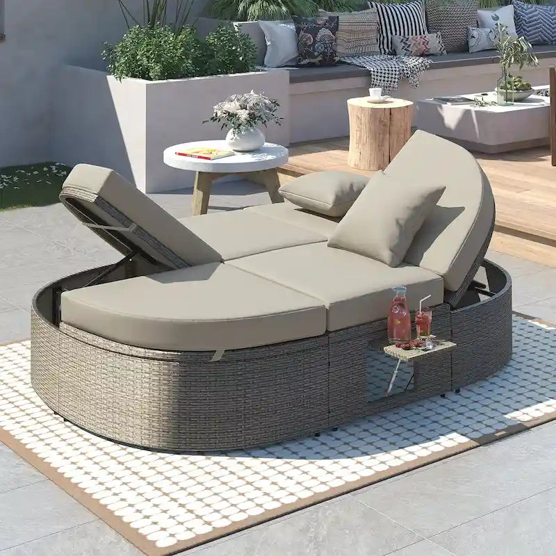 Outdoor Sun Bed Daybed wCushions&Pillows, Rattan Garden Reclining Chaise Lounge wAdjustable Backrests&Foldable Cup Trays
