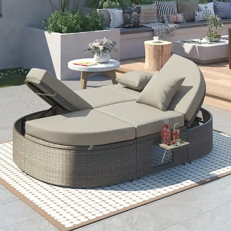 Outdoor Sun Bed Daybed wCushions&Pillows, Rattan Garden Reclining Chaise Lounge wAdjustable Backrests&Foldable Cup Trays