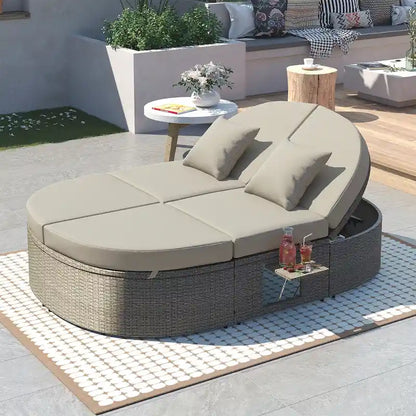 Outdoor Sun Bed Daybed wCushions&Pillows, Rattan Garden Reclining Chaise Lounge wAdjustable Backrests&Foldable Cup Trays