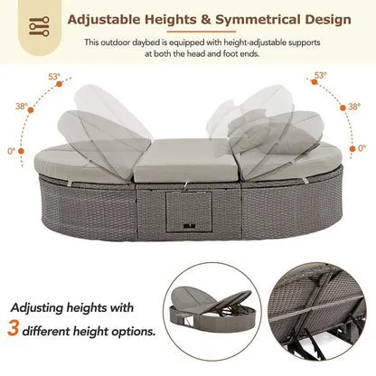 Outdoor Sun Bed Daybed wCushions&Pillows, Rattan Garden Reclining Chaise Lounge wAdjustable Backrests&Foldable Cup Trays