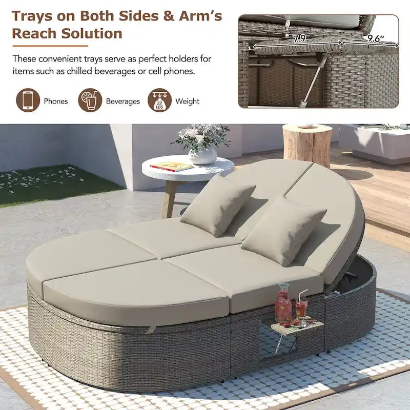Outdoor Sun Bed Daybed wCushions&Pillows, Rattan Garden Reclining Chaise Lounge wAdjustable Backrests&Foldable Cup Trays
