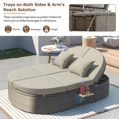 Outdoor Sun Bed Daybed wCushions&Pillows, Rattan Garden Reclining Chaise Lounge wAdjustable Backrests&Foldable Cup Trays