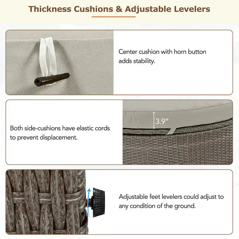 Outdoor Sun Bed Daybed wCushions&Pillows, Rattan Garden Reclining Chaise Lounge wAdjustable Backrests&Foldable Cup Trays