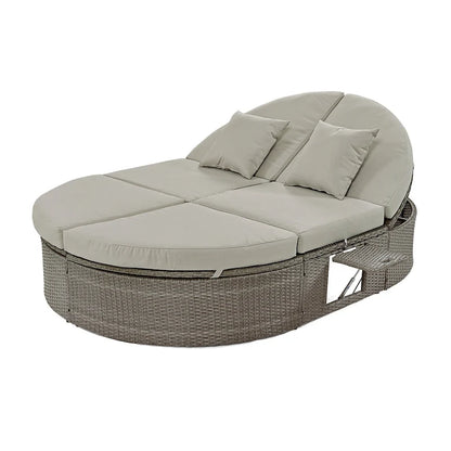 Outdoor Sun Bed Daybed wCushions&Pillows, Rattan Garden Reclining Chaise Lounge wAdjustable Backrests&Foldable Cup Trays
