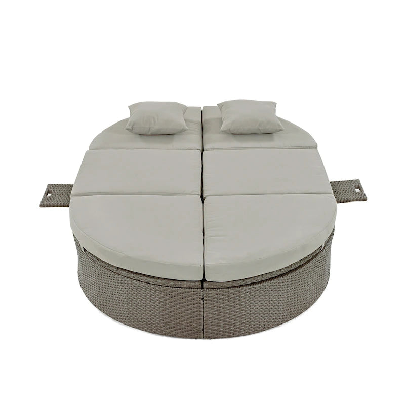 Outdoor Sun Bed Daybed wCushions&Pillows, Rattan Garden Reclining Chaise Lounge wAdjustable Backrests&Foldable Cup Trays