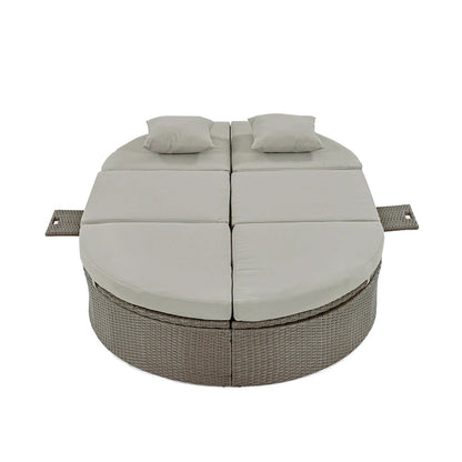 Outdoor Sun Bed Daybed wCushions&Pillows, Rattan Garden Reclining Chaise Lounge wAdjustable Backrests&Foldable Cup Trays