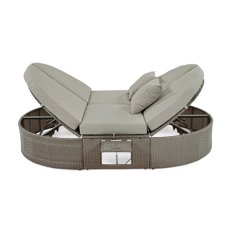 Outdoor Sun Bed Daybed wCushions&Pillows, Rattan Garden Reclining Chaise Lounge wAdjustable Backrests&Foldable Cup Trays