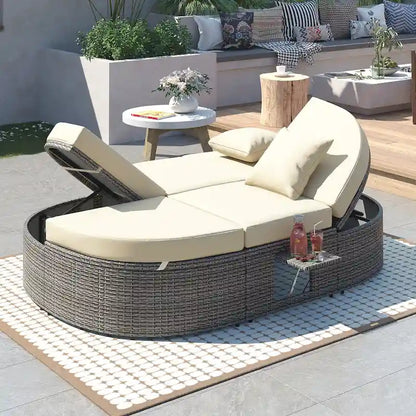 Outdoor Sun Bed Daybed wCushions&Pillows, Rattan Garden Reclining Chaise Lounge wAdjustable Backrests&Foldable Cup Trays