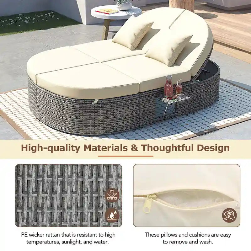 Outdoor Sun Bed Daybed wCushions&Pillows, Rattan Garden Reclining Chaise Lounge wAdjustable Backrests&Foldable Cup Trays