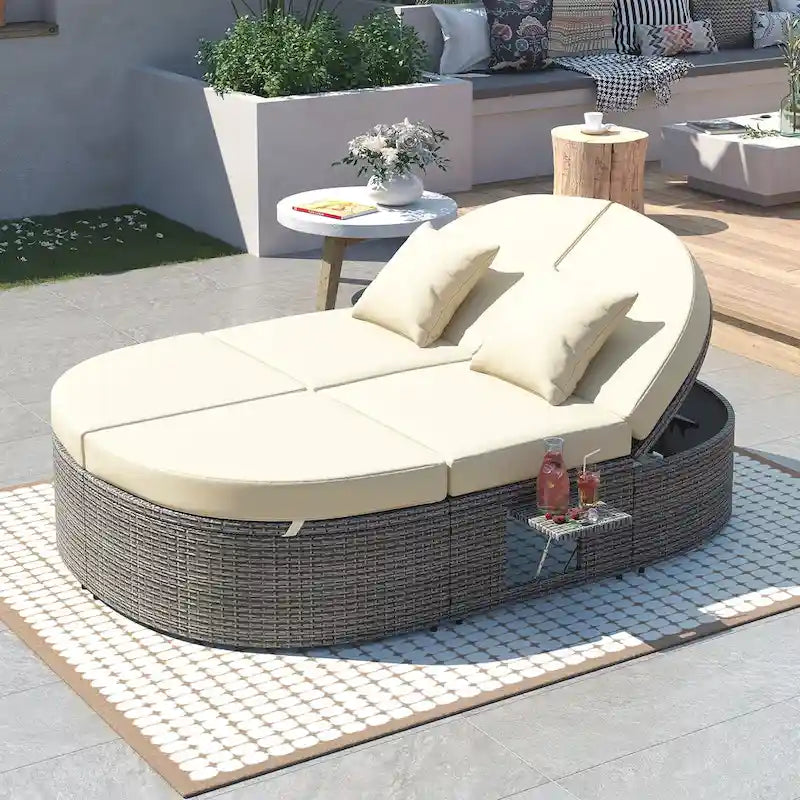 Outdoor Sun Bed Daybed wCushions&Pillows, Rattan Garden Reclining Chaise Lounge wAdjustable Backrests&Foldable Cup Trays