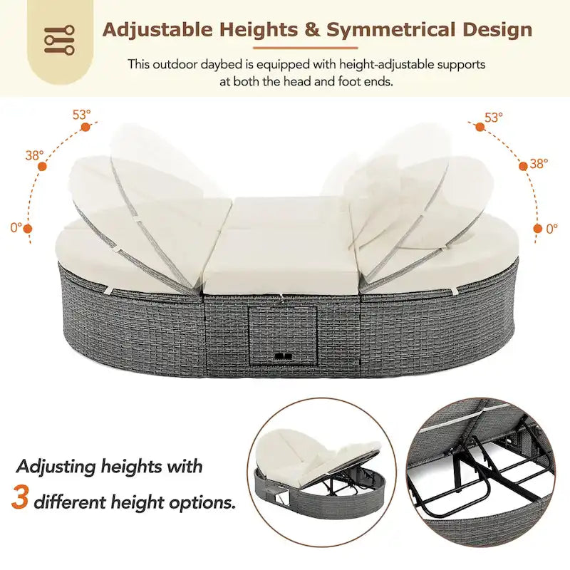 Outdoor Sun Bed Daybed wCushions&Pillows, Rattan Garden Reclining Chaise Lounge wAdjustable Backrests&Foldable Cup Trays