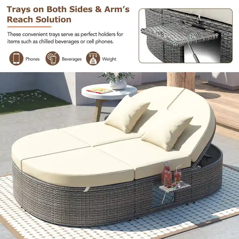 Outdoor Sun Bed Daybed wCushions&Pillows, Rattan Garden Reclining Chaise Lounge wAdjustable Backrests&Foldable Cup Trays