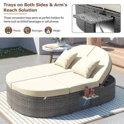 Outdoor Sun Bed Daybed wCushions&Pillows, Rattan Garden Reclining Chaise Lounge wAdjustable Backrests&Foldable Cup Trays