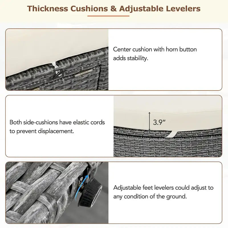 Outdoor Sun Bed Daybed wCushions&Pillows, Rattan Garden Reclining Chaise Lounge wAdjustable Backrests&Foldable Cup Trays