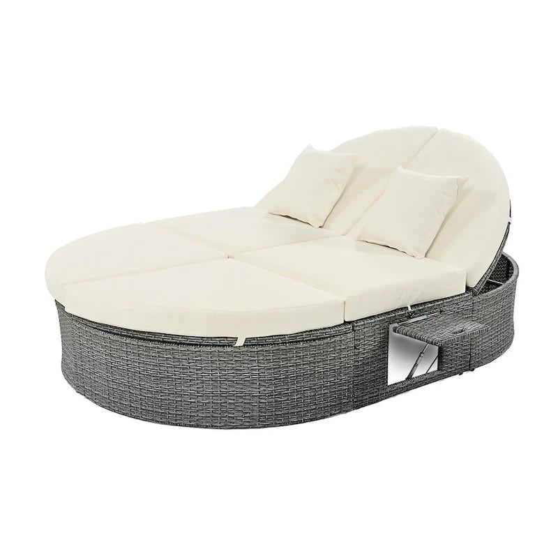 Outdoor Sun Bed Daybed wCushions&Pillows, Rattan Garden Reclining Chaise Lounge wAdjustable Backrests&Foldable Cup Trays