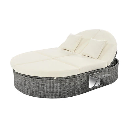 Outdoor Sun Bed Daybed wCushions&Pillows, Rattan Garden Reclining Chaise Lounge wAdjustable Backrests&Foldable Cup Trays
