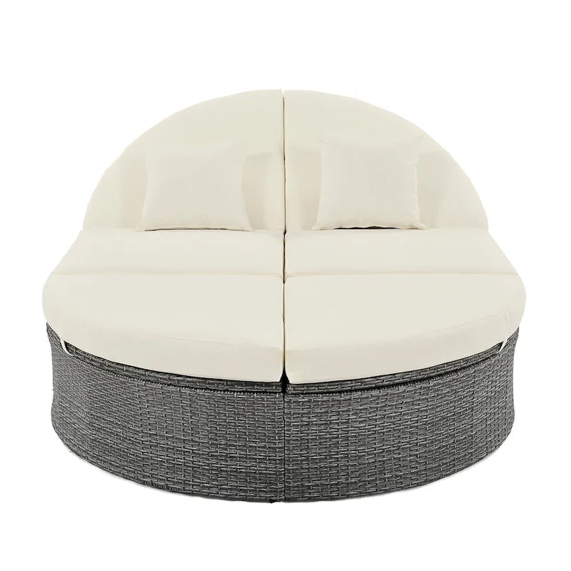 Outdoor Sun Bed Daybed wCushions&Pillows, Rattan Garden Reclining Chaise Lounge wAdjustable Backrests&Foldable Cup Trays