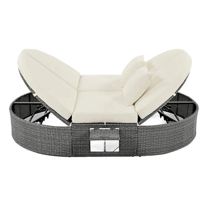 Outdoor Sun Bed Daybed wCushions&Pillows, Rattan Garden Reclining Chaise Lounge wAdjustable Backrests&Foldable Cup Trays