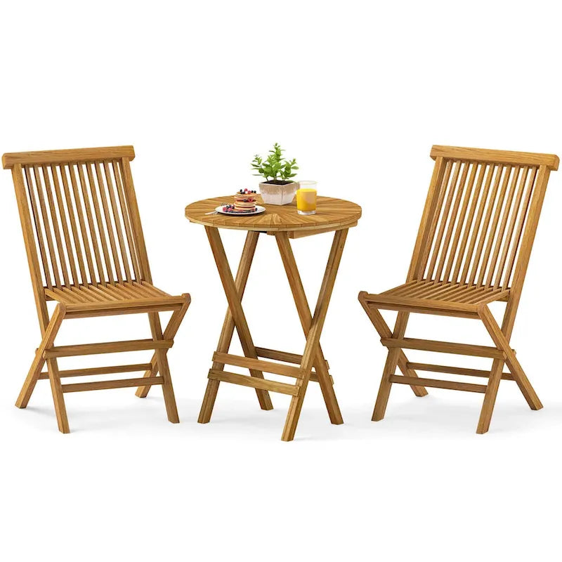 Costway 3 PCS Folding Patio Bistro Set Teak Wood Round Table and - See Details