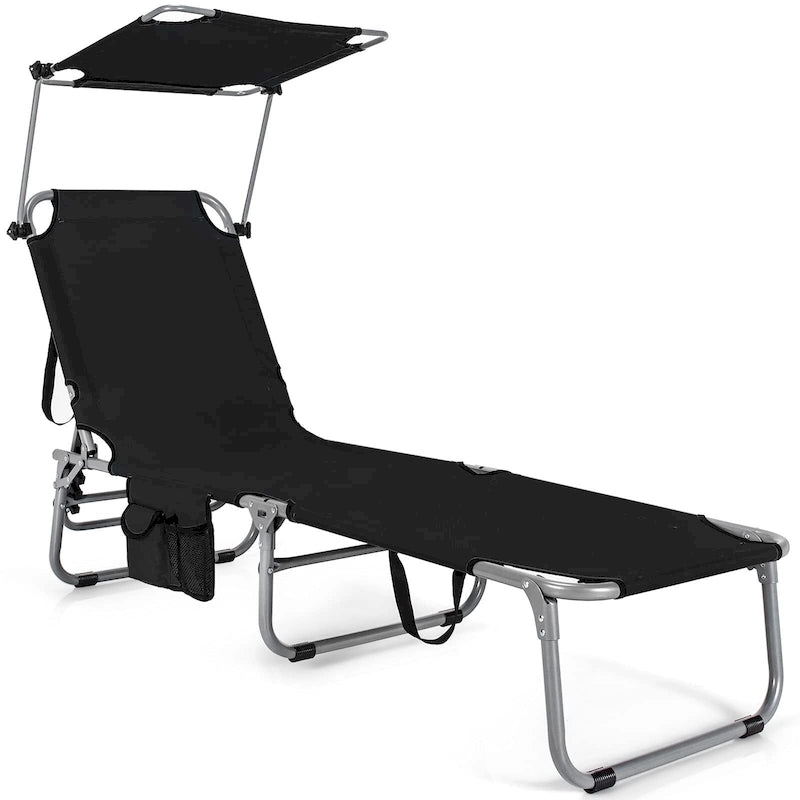 -Position Folding Chaise Lounge Adjustable Tanning Chair with 360 Canopy and Storage Pocket for Beach Patio Black