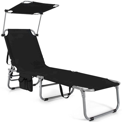 -Position Folding Chaise Lounge Adjustable Tanning Chair with 360 Canopy and Storage Pocket for Beach Patio Black